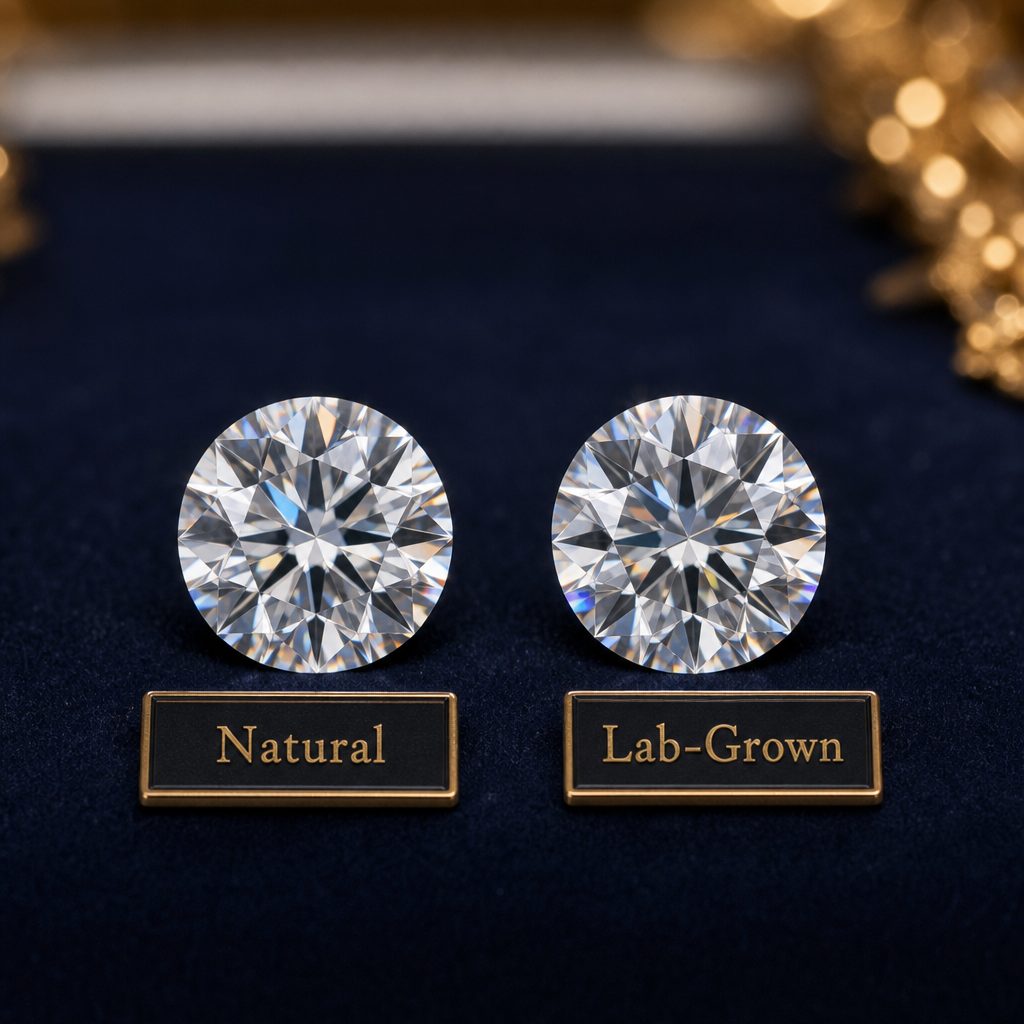 Lab-grown vs natural diamonds comparison - two brilliant cut diamonds side by side